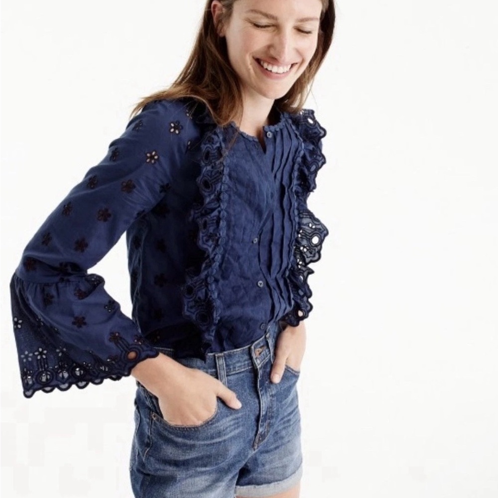 J.Crew Floral Eyelet Navy Blue Blouse Size 8